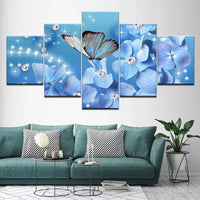 Elegant Flowers Blue Hydrangea And Butterfly 5 Piece Canvas Wall Art Painting Wallpaper Poster Picture Print Photo Decor