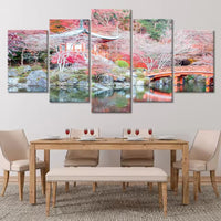 Japanese Autumn Zen Garden Pagoda And Bridge 5 Piece Canvas Wall Art Painting Wallpaper Poster Picture Print Photo Decor