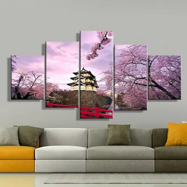 Japan Pretty Pink Cherry Blossom Trees Japanese Temple 5 Piece Canvas Wall Art Painting Wallpaper Poster Picture Print Photo Decor