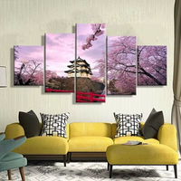 Japan Pretty Pink Cherry Blossom Trees Japanese Temple 5 Piece Canvas Wall Art Painting Wallpaper Poster Picture Print Photo Decor