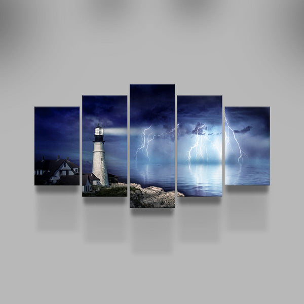 The Nature Scenery Light House Storm Lightning Clouds 5 Piece Canvas Wall Art Painting Wallpaper Poster Picture Print Photo Decor