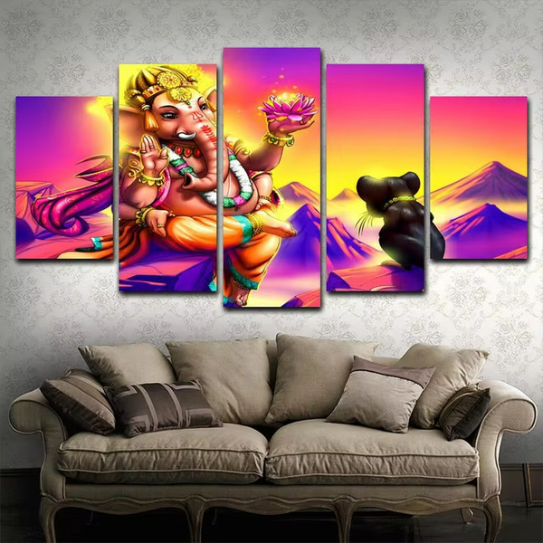 Colorful Ganesha Hindu God Lotus Flower 5 Piece Canvas Wall Art Painting Wallpaper Poster Picture Print Photo Decor