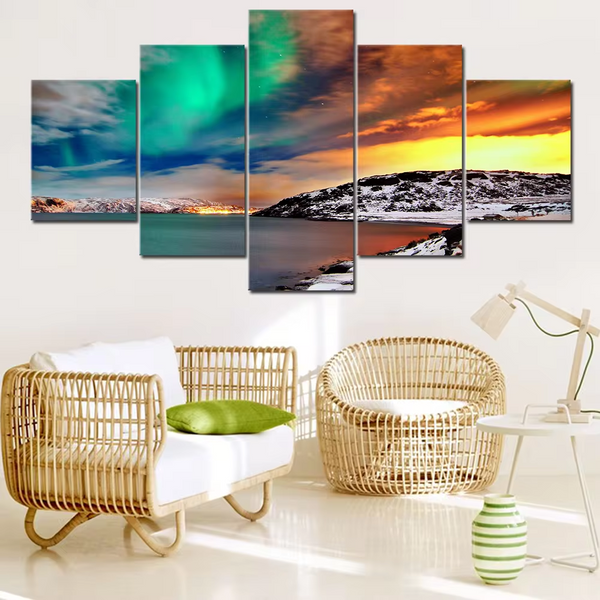 Colorful Aurora Borealis Winter Northern Lights Snowy Mountains Lakes 5 Piece Canvas Wall Art Painting Wallpaper Poster Picture Print Photo Decor