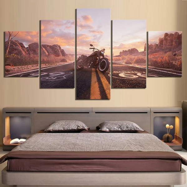 Road Numbers Route 66 Motorcycle Vehicle 5 Piece Canvas Wall Art Painting Wallpaper Poster Picture Print Photo Decor