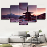 Japanese Chureito Pagoda Sunrise & Mount Fuji Japan Temple Sunset 5 Piece Canvas Wall Art Painting Wallpaper Poster Picture Print Photo Decor