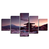 Japanese Chureito Pagoda Sunrise & Mount Fuji Japan Temple Sunset 5 Piece Canvas Wall Art Painting Wallpaper Poster Picture Print Photo Decor