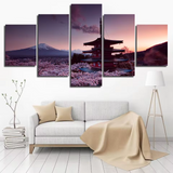 Japanese Chureito Pagoda Sunrise & Mount Fuji Japan Temple Sunset 5 Piece Canvas Wall Art Painting Wallpaper Poster Picture Print Photo Decor