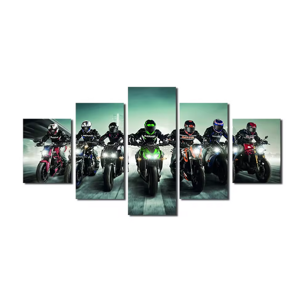 Motorcycle Racing Team Night Time Motorcyclists 5 Piece Canvas Wall Art Painting Wallpaper Poster Picture Print Photo Decor