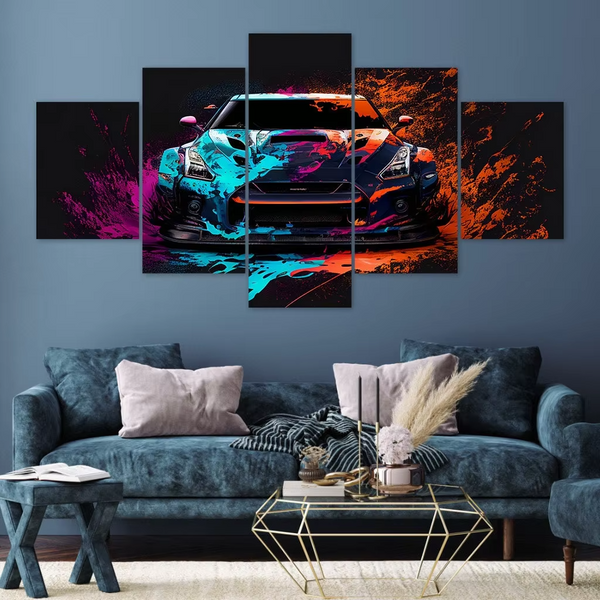 Abstract Colorful Nissan GTR Luxury Sports Car 5 Piece Canvas Wall Art Painting Wallpaper Poster Picture Print Photo Decor