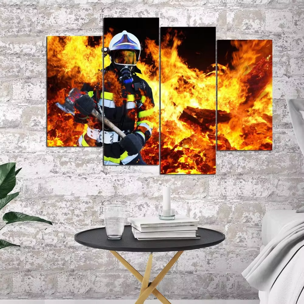 Fireman In Fire Firefighter 4 Piece Canvas Wall Art Painting Wallpaper ...
