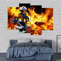 Fireman In Fire Firefighter 4 Piece Canvas Wall Art Painting Wallpaper Poster Picture Print Photo Decor