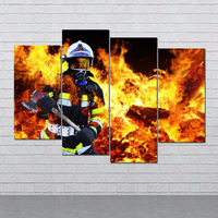 Fireman In Fire Firefighter 4 Piece Canvas Wall Art Painting Wallpaper Poster Picture Print Photo Decor