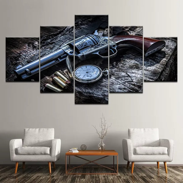 Weapons Gun Revolver Bullets Pocket Watch 5 Piece Canvas Wall Art Painting Wallpaper Poster Picture Print Photo Decor