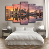 New York City Brooklyn Skyline Lake Reflection View 5 Piece Canvas Wall Art Painting Wallpaper Poster Picture Print Photo Decor