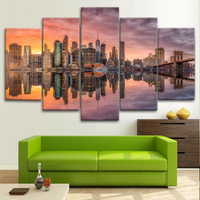 New York City Brooklyn Skyline Lake Reflection View 5 Piece Canvas Wall Art Painting Wallpaper Poster Picture Print Photo Decor