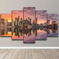 New York City Brooklyn Skyline Lake Reflection View 5 Piece Canvas Wall Art Painting Wallpaper Poster Picture Print Photo Decor