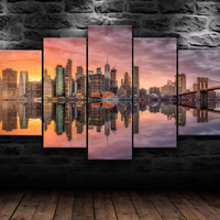 New York City Brooklyn Skyline Lake Reflection View 5 Piece Canvas Wall Art Painting Wallpaper Poster Picture Print Photo Decor