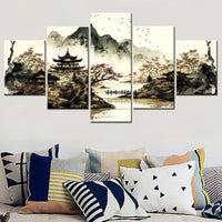Japanese Landscape Ink Mountain River Temple 5 Piece Canvas Wall Art Painting Wallpaper Poster Picture Print Photo Decor