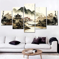 Japanese Landscape Ink Mountain River Temple 5 Piece Canvas Wall Art Painting Wallpaper Poster Picture Print Photo Decor
