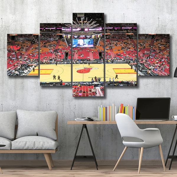 Miami Heat Stadium NBA Basketball Arena Panoramic 5 Piece Canvas Wall Art Painting Wallpaper Poster Picture Print Photo Decor