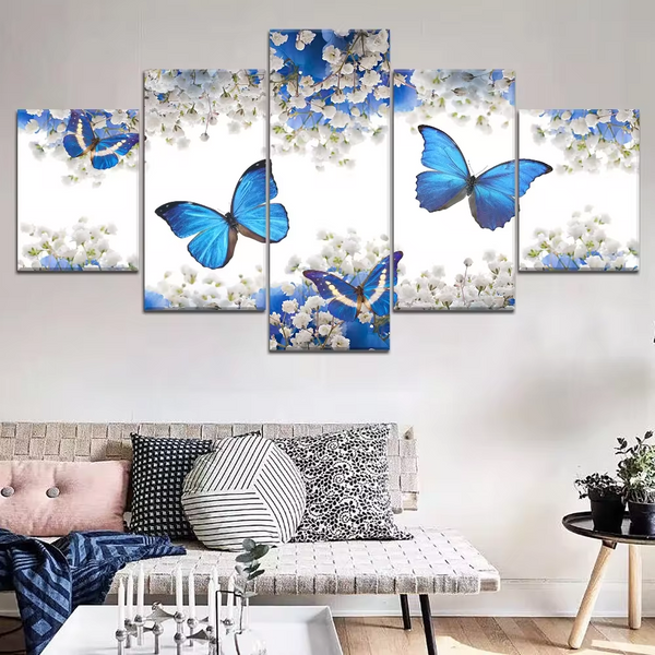 Blue Butterflies & White Flowers 5 Piece Canvas Wall Art Painting Wallpaper Poster Picture Print Photo Decor