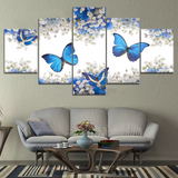 Blue Butterflies & White Flowers 5 Piece Canvas Wall Art Painting Wallpaper Poster Picture Print Photo Decor