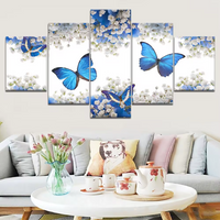 Blue Butterflies & White Flowers 5 Piece Canvas Wall Art Painting Wallpaper Poster Picture Print Photo Decor