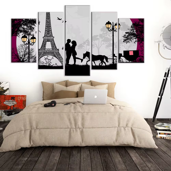 Paris France Eiffel Tower Moon Romantic Couple 5 Piece Canvas Wall Art Painting Wallpaper Poster Picture Print Photo Decor