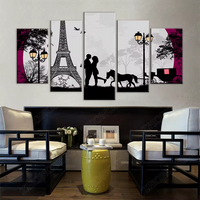 Paris France Eiffel Tower Moon Romantic Couple 5 Piece Canvas Wall Art Painting Wallpaper Poster Picture Print Photo Decor