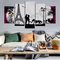 Paris France Eiffel Tower Moon Romantic Couple 5 Piece Canvas Wall Art Painting Wallpaper Poster Picture Print Photo Decor