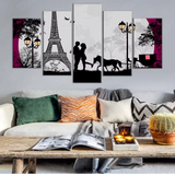 Paris France Eiffel Tower Moon Romantic Couple 5 Piece Canvas Wall Art Painting Wallpaper Poster Picture Print Photo Decor