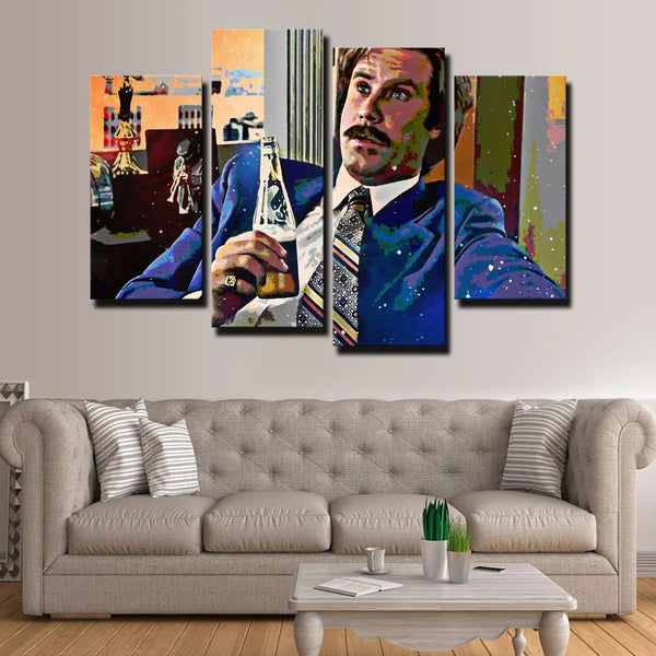 Anchorman Movie Will Ferrell Ron Burgundy Scotch Scene 4 Piece Canvas Wall Art Painting Wallpaper Poster Picture Print Photo Decor