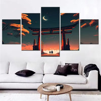 Japanese Torii Gate Tranquil Moonlit Landscape 5 Piece Canvas Wall Art Painting Wallpaper Poster Picture Print Photo Decor