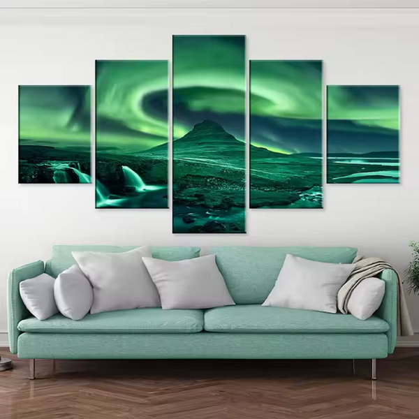 Beautiful Swirling Aurora Borealis Northern Lights 5 Piece Canvas Wall Art Painting Wallpaper Poster Picture Print Photo Decor