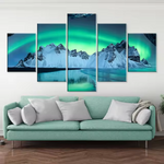 Aurora Borealis Snowy Mountain Green Northern Lights 5 Piece Canvas Wall Art Painting Wallpaper Poster Picture Print Photo Decor