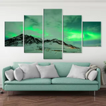 Green Aurora Borealis Northern Lights Snow Mountains 5 Piece Canvas Wall Art Painting Wallpaper Poster Picture Print Photo Decor