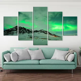 Green Aurora Borealis Northern Lights Snow Mountains 5 Piece Canvas Wall Art Painting Wallpaper Poster Picture Print Photo Decor