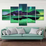 Aurora Borealis Green Night Sky Northern Lights Reflection 5 Piece Canvas Wall Art Painting Wallpaper Poster Picture Print Photo Decor