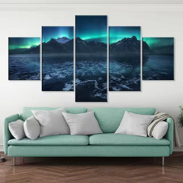 Night Sky Aurora Borealis Northern Lights 5 Piece Canvas Wall Art Painting Wallpaper Poster Picture Print Photo Decor