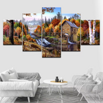 Colorful Fall Trees Nature Village Autumn Forest River 5 Piece Canvas Wall Art Painting Wallpaper Poster Picture Print Photo Decor