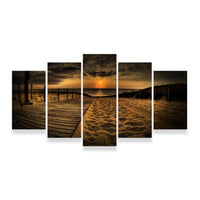 Golden Sunset Beach Boardwalk Ocean View 5 Piece Canvas Wall Art Painting Wallpaper Poster Picture Print Photo Decor