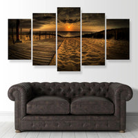 Golden Sunset Beach Boardwalk Ocean View 5 Piece Canvas Wall Art Painting Wallpaper Poster Picture Print Photo Decor