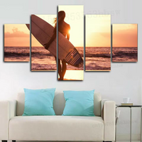 Surfer Girl Beach Sunset Ocean Surf Sunrise Surfing 5 Piece Canvas Wall Art Painting Wallpaper Poster Picture Print Photo Decor