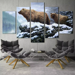 Bears Snowy Forest Mountains 5 Piece Canvas Wall Art Painting Wallpaper Poster Picture Print Photo Decor