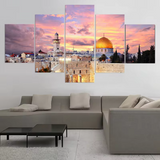 Jerusalem Israel Al Aqsa Dome Of The Rock Mosque Sunset Sunrise Framed 5 Piece Canvas Wall Art Picture Artwork Decor Print Painting