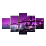 City Purple Night Bridge Landscape 5 Piece Canvas Wall Art Painting Wallpaper Poster Picture Print Photo Decor