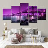 City Purple Night Bridge Landscape 5 Piece Canvas Wall Art Painting Wallpaper Poster Picture Print Photo Decor