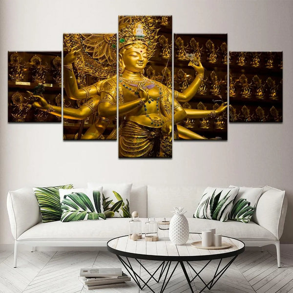 Golden Thousand-Hand Buddha Religious 5 Piece Canvas Wall Art Painting Wallpaper Poster Picture Print Photo Decor