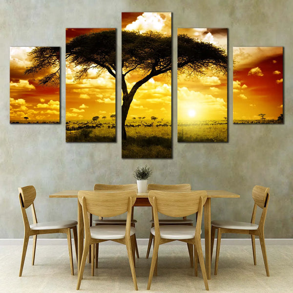 African Sunset With Acacia Tree Landscape 5 Piece Canvas Wall Art Painting Wallpaper Poster Picture Print Photo Decor