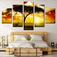 African Sunset With Acacia Tree Landscape 5 Piece Canvas Wall Art Painting Wallpaper Poster Picture Print Photo Decor